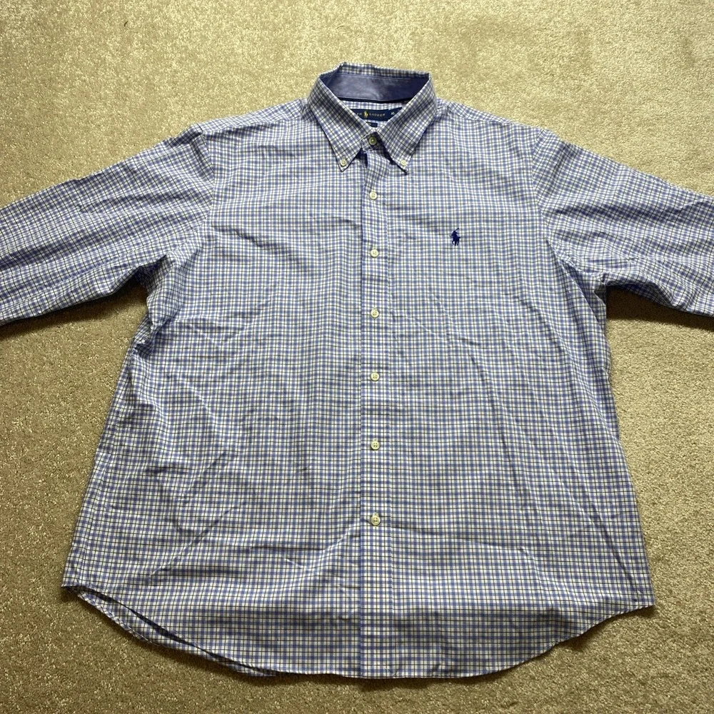 Ralph Lauren Button Down Shirt Mens XL Blue Tattersall Check Non-Iron Cotton